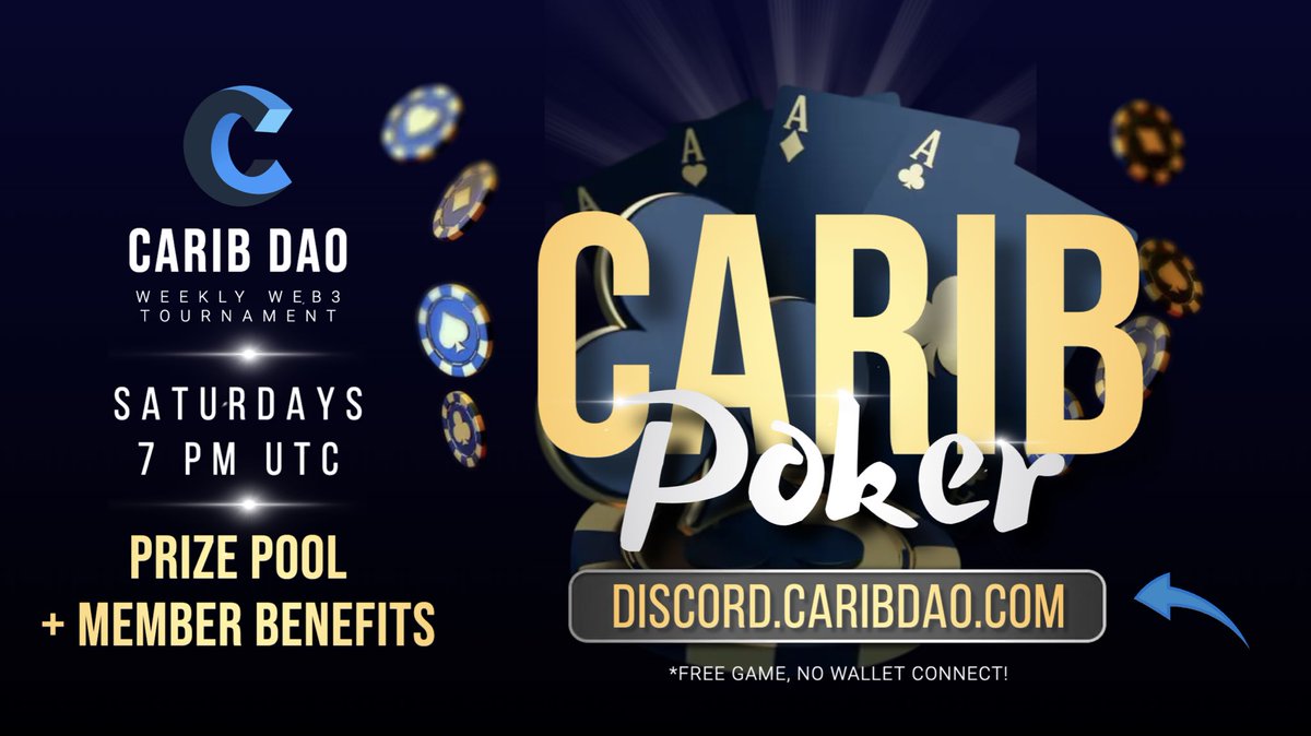 Carib DAO (@caribdao) on Twitter photo Saturday Community Game Night week 77! 🥳
🪖 6 PM: <a href="/TONBattleground/">TON Battleground</a>
Guild match + prizes 👉 t.me/TON_BATTLEGROU…
♦️ 7 PM: #Web3Poker
Free game, no wallet connect + prize pool
🎗️All times UTC
JOIN HERE ⤵️
discord.caribdao.com
#Web3Community #Web3Gaming #PokerNight Saturday Community Game Night week 77! 🥳
🪖 6 PM: <a href="/TONBattleground/">TON Battleground</a>
Guild match + prizes 👉 t.me/TON_BATTLEGROU…
♦️ 7 PM: #Web3Poker
Free game, no wallet connect + prize pool
🎗️All times UTC
JOIN HERE ⤵️
discord.caribdao.com
#Web3Community #Web3Gaming #PokerNight