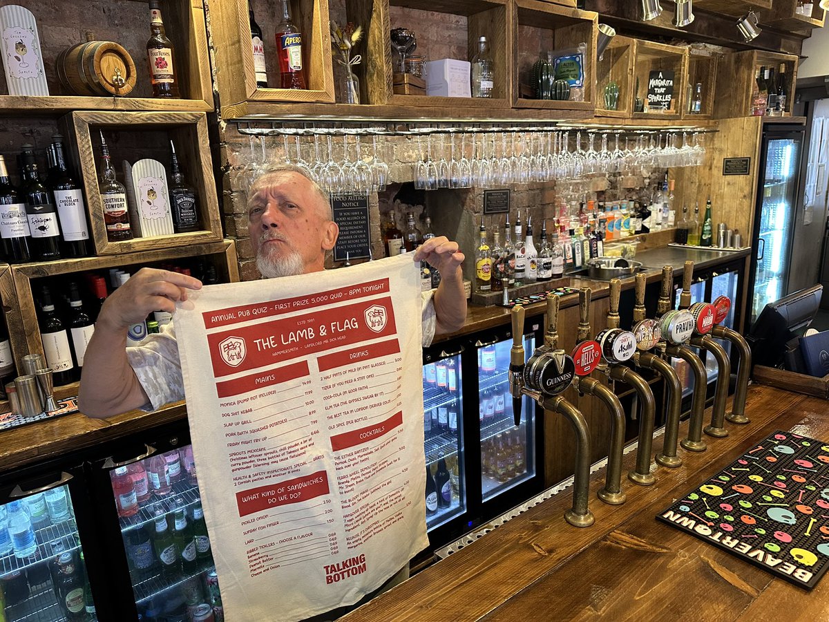 talkingbottom's tweet image. Our Lamb & Flag pub menu tea towel was a hit with Dick Head... At least we think he said hit 😉
We have a few available to buy. If you'd like one, drop us a DM for cost (+ postage). No, we can't stick it on the slate!
Thanks to @scr33nag3r for the design. Faaaantastiiic work!