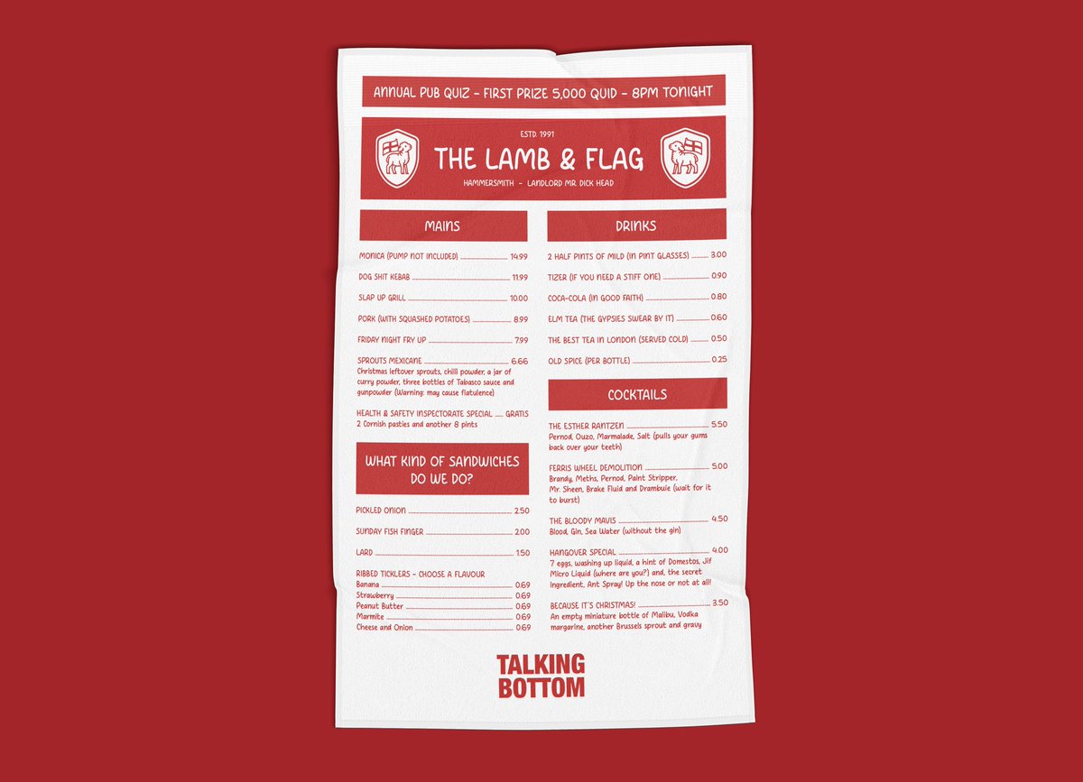 talkingbottom's tweet image. Our Lamb & Flag pub menu tea towel was a hit with Dick Head... At least we think he said hit 😉
We have a few available to buy. If you'd like one, drop us a DM for cost (+ postage). No, we can't stick it on the slate!
Thanks to @scr33nag3r for the design. Faaaantastiiic work!