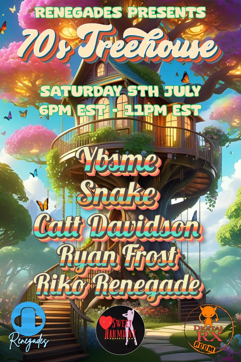 Tonight! July 5th at 6pm ET! Renegades 70's Treehouse!
Featuring music from: YBSME, Snake, CattDavidson, RyanFrost, RikoRenegade!