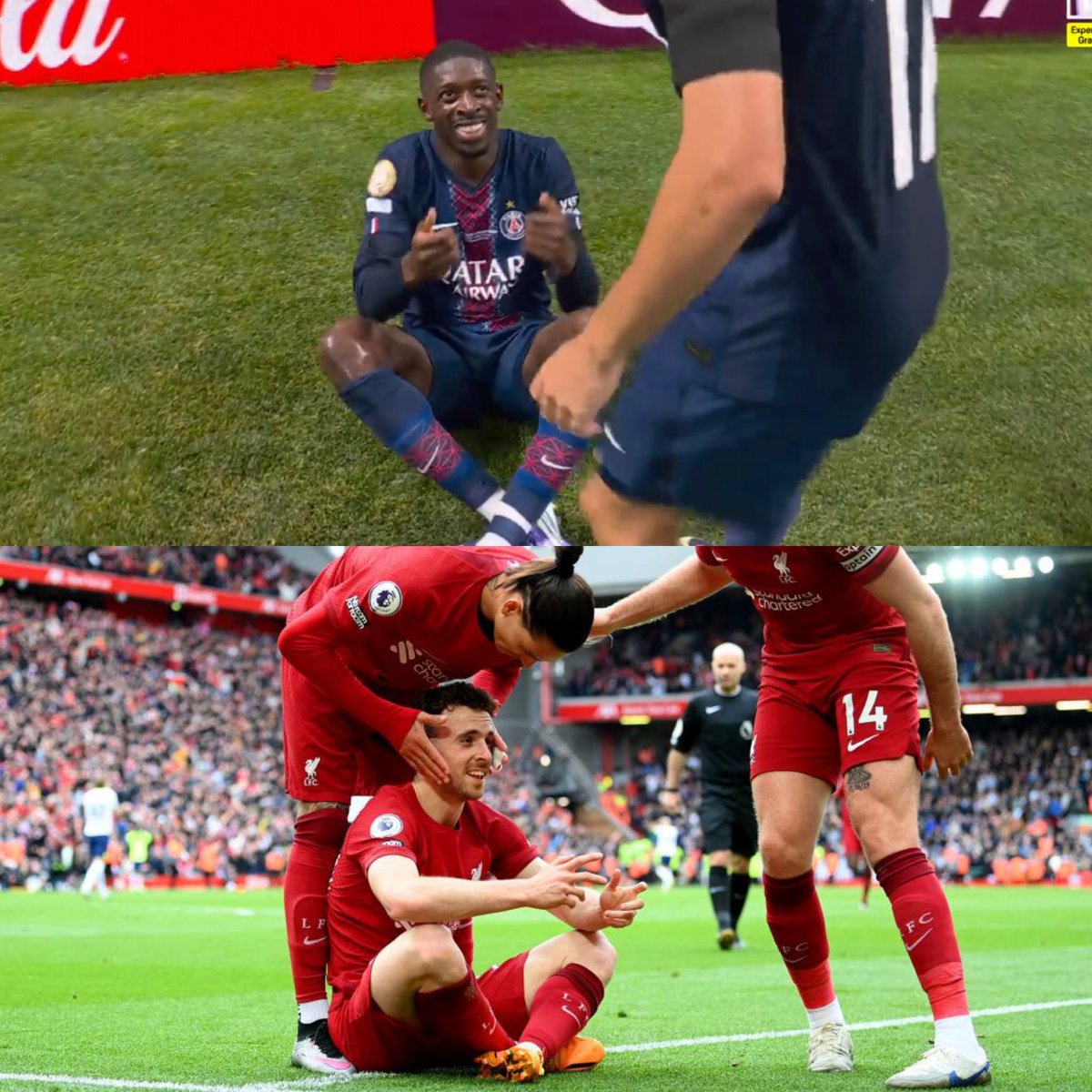Dembelé haciendo la celebración de Diogo Jota como homenaje. El gesto ♥️