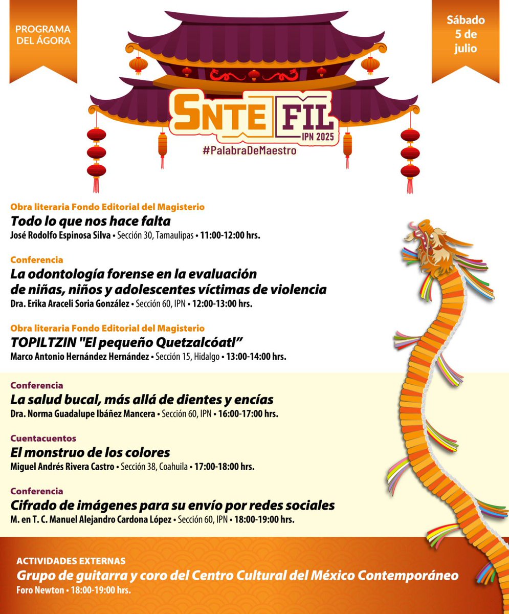#PalabraDeMaestro ✍️

𝘼𝙜𝙚𝙣𝙙𝙖📒 | #5deJulio en el Ágora del SNTE se presentarán libros, conferencias y una actividad artística. Es el turno de maestras y maestros de las secciones 15 de #Hidalgo, 30 de #Tamaulipas, 38 de #Coahuila y 60 del #IPN #FILIPN
Revisa el programa 👇