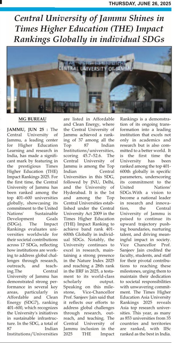 OfficialCuj's tweet photo. CUJ  Shines in Times Higher Education (THE) Impact Rankings Globally in individual SDGs. For the first time, CUJ has been ranked among the top 401–600 universities globally, showcasing its commitment to the United Nations' Sustainable Development Goals (SDGs).
@PMOIndia https://t.co/2n95rkCKVv