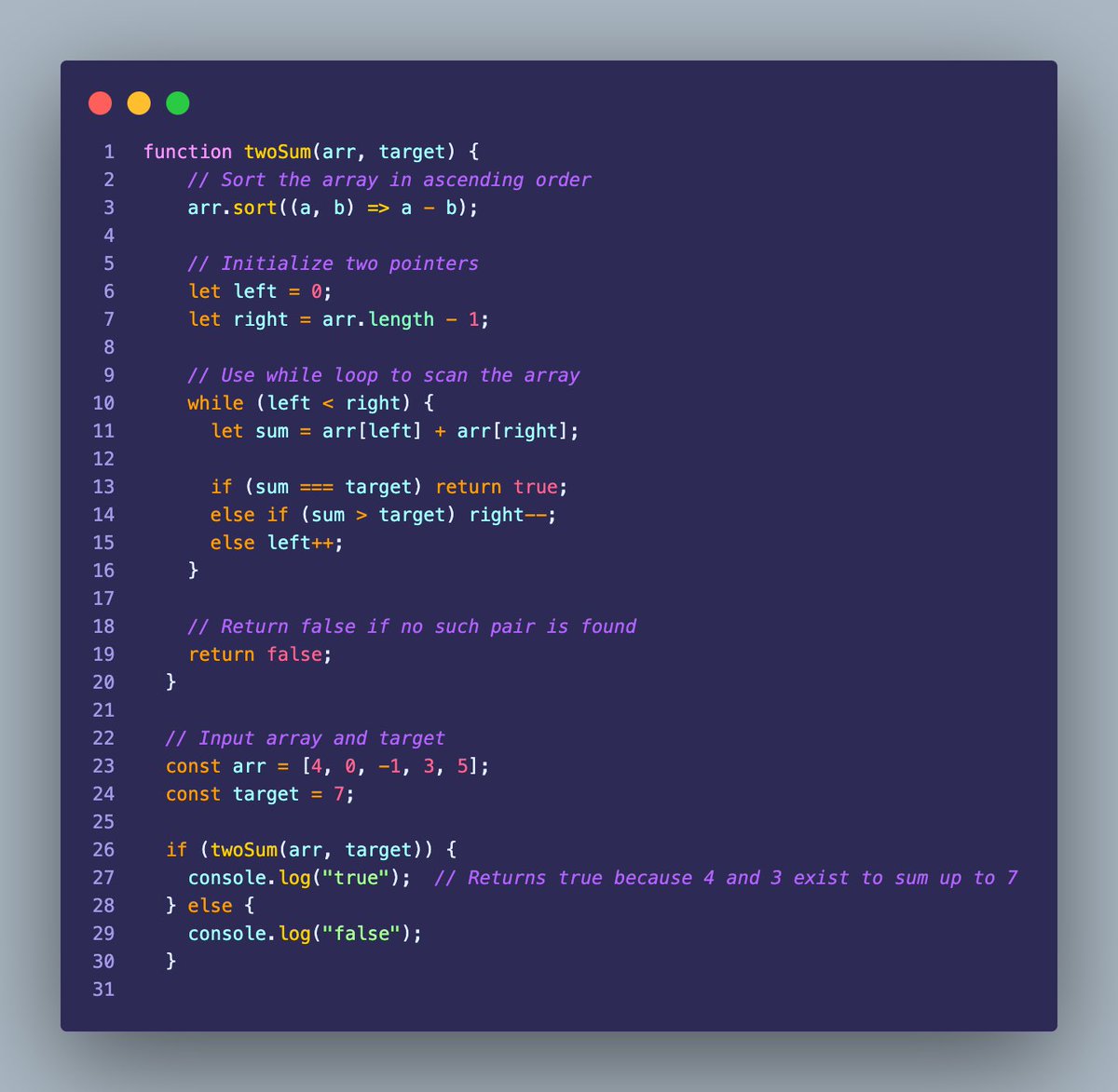__cathyyy's tweet photo. Days 15 &amp; 16 of #100DaysOfCode
I solved the classic Two Sum problem using the two-pointer technique after sorting the array. 
This approach scans the array from both ends, checking for pairs that match the target sum.

#100DaysOfCode #JavaScript #DSA #CodingJourney https://t.co/shn7lqlAo0