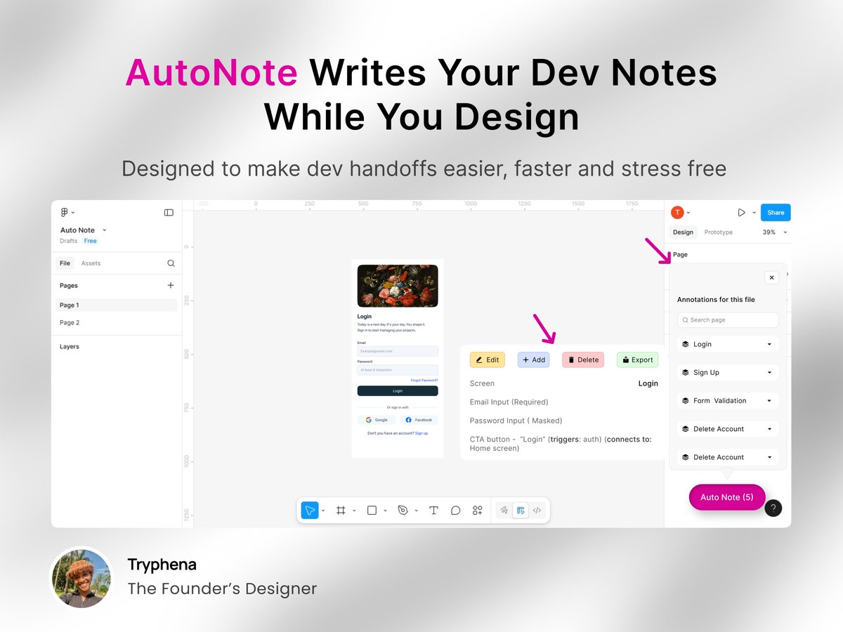 phena_designs's tweet image. Designers, have you ever had to explain your screens to a dev?
As an expert UI/UX designer, I solve problems.
So I built an AI plugin that does that for you.
While you work, It auto-writes:
– what each screen does
– button triggers
– connection flow
Would you use this?