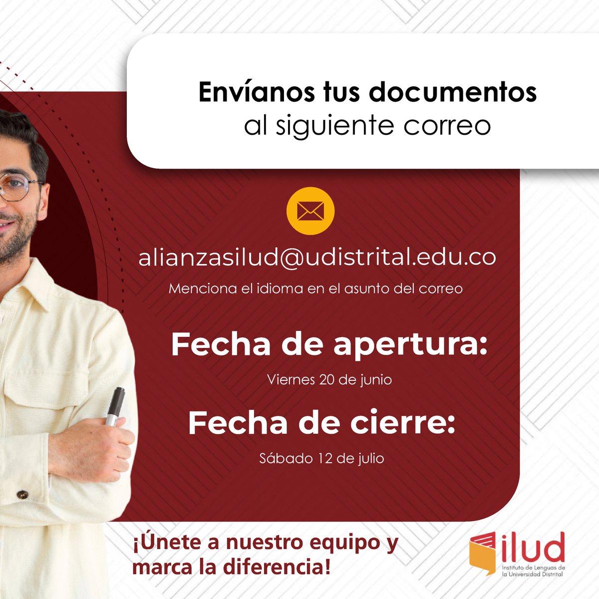 iludlenguas's tweet photo. 📣 ¡ATENCIÓN PROFESORES DE IDIOMAS! 🌍✍️
El Instituto de Lenguas de la Universidad Distrital (ILUD) está en búsqueda de nuevos talentos que quieran transformar la educación con innovación, pasión y excelencia. https://t.co/ywRW2oH1F0