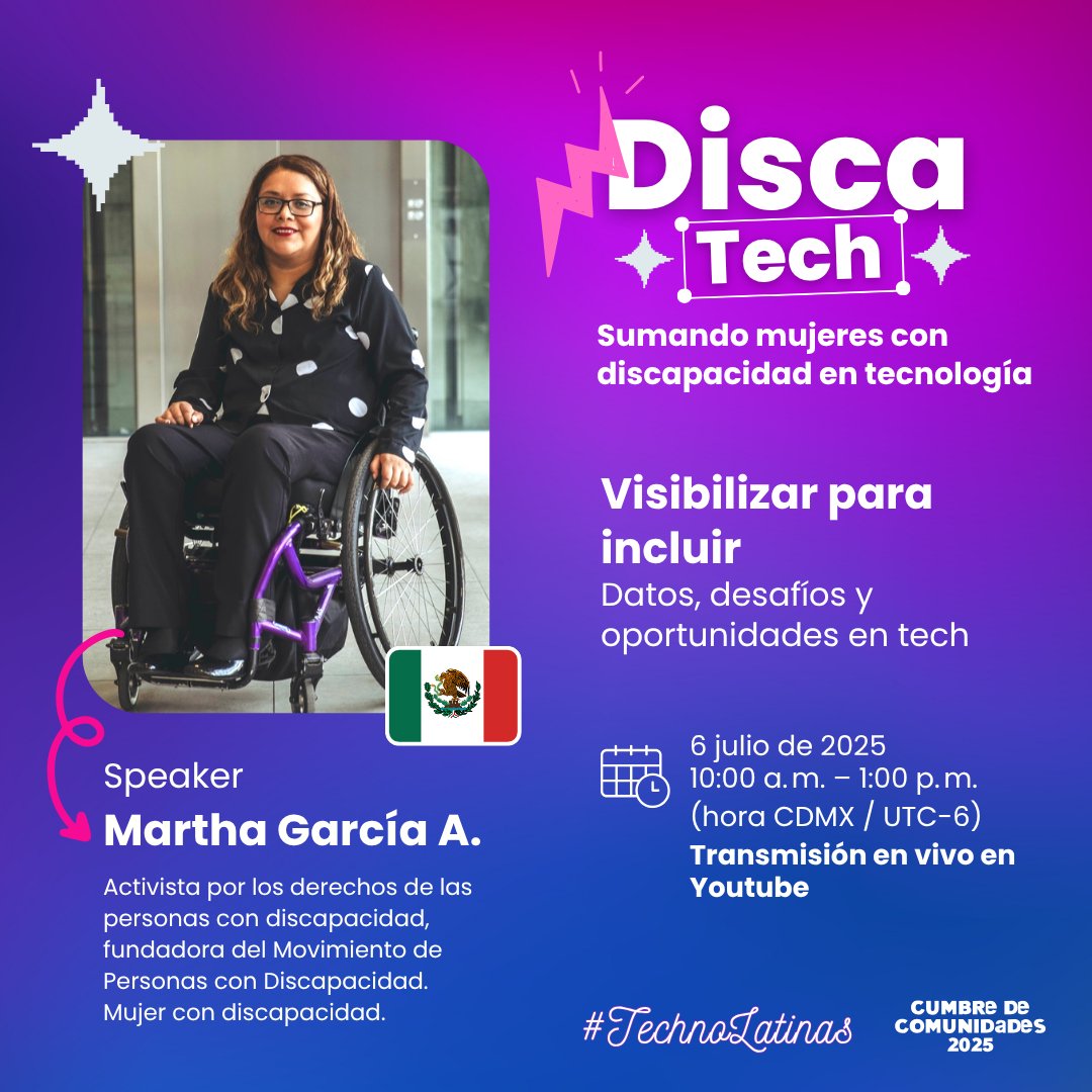 ✨Nos honra anunciar a Martha García <a href="/marthinagaby/">Martha García</a> como speaker en #DiscaTech

Activista incansable y fundadora del Movimiento de Personas con Discapacidad, una voz esencial en la lucha por la equidad y la representación

🗓️Domingo 6 de julio 10 AM (CDMX)

lu.ma/me81n729