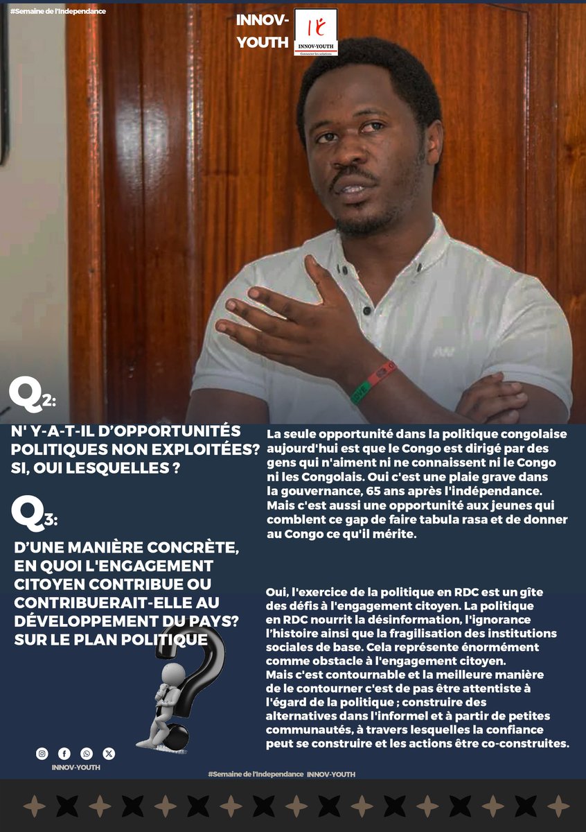 #SemaineDeLIndependance: <a href="/JDuickem/">#Self_defense</a> Chercheur politologue et chargé des programmes chez <a href="/AgirRdc/">AGIR RDCONGO</a> , engagé auprès des communautés, nous parle de ce que l'engagement citoyen devrait être 65 ans après l'indép. de notre pays .

Une opportunité ou un devoir ?À vous aussi le clavier!