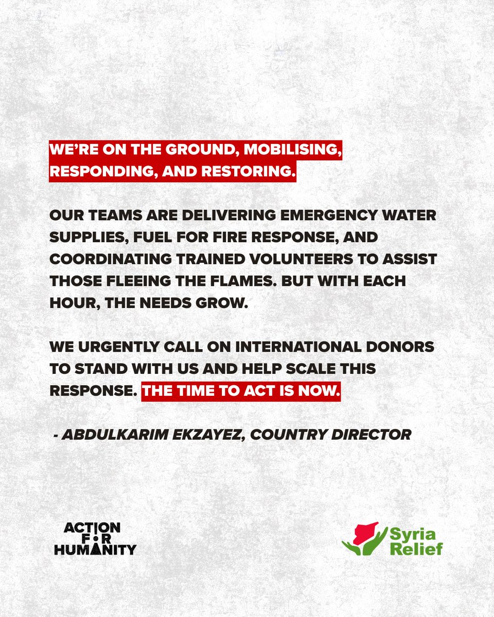 🚨 Syria is burning and families fleeing wildfires aren't just facing flames, but deadly unexploded bombs.

We’re on the ground mobilising, responding, and restoring.

We need your support now. 

🔗 actionforhumanity.org