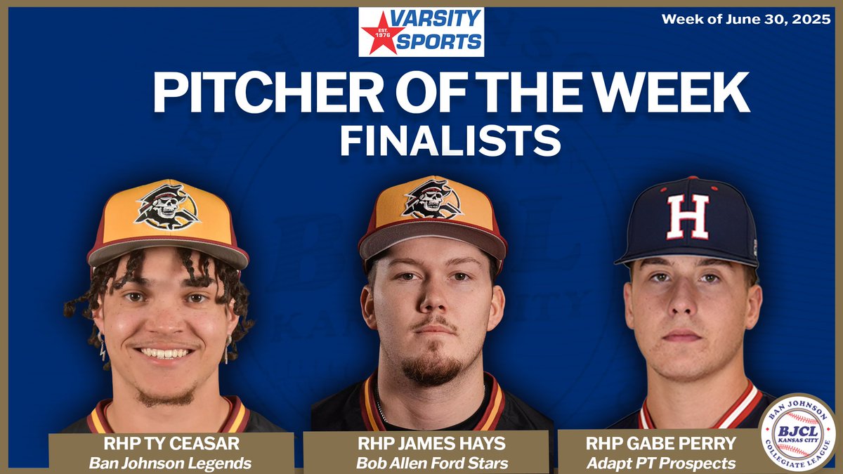 BanJohnsonBSB (@banjohnsonbsb) on Twitter photo Congrats to our Varsity Sports Pitcher of the Week finalists! Look for our winner on Sunday! #BJCL
Ban Johnson Legends RHP Ty Ceasar (<a href="/ty_ceasar/">Ty Ceasar</a> / <a href="/ParkUBaseball1/">Park University Pirates Baseball</a> )
Bob Allen Ford Stars RHP James Hays ( <a href="/ParkUBaseball1/">Park University Pirates Baseball</a>)
Adapt PT Prospects RHP Gabe Perry ( <a href="/gabeperry1424/">Gabe Perry</a> / Congrats to our Varsity Sports Pitcher of the Week finalists! Look for our winner on Sunday! #BJCL
Ban Johnson Legends RHP Ty Ceasar (<a href="/ty_ceasar/">Ty Ceasar</a> / <a href="/ParkUBaseball1/">Park University Pirates Baseball</a> )
Bob Allen Ford Stars RHP James Hays ( <a href="/ParkUBaseball1/">Park University Pirates Baseball</a>)
Adapt PT Prospects RHP Gabe Perry ( <a href="/gabeperry1424/">Gabe Perry</a> /