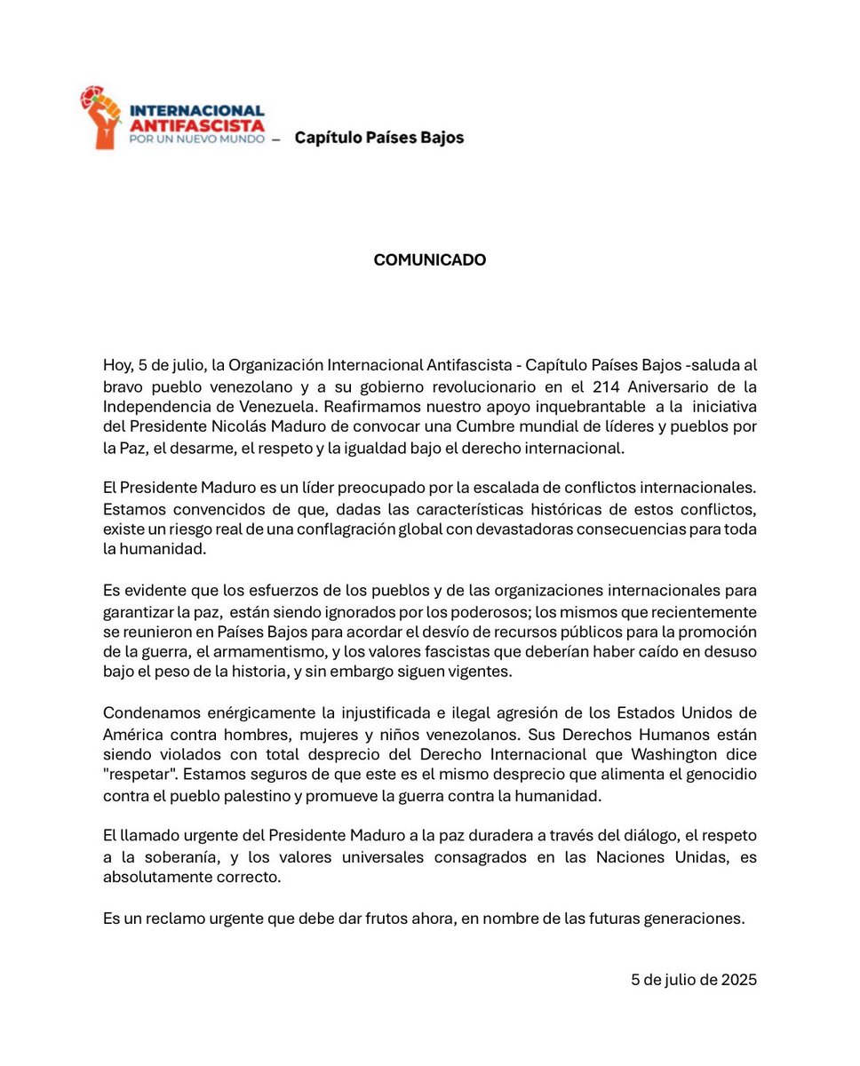 La Internacional Antifascista - Capítulo  Países Bajos

Felicita a Venezuela por el 214 Aniversario de su Independencia con una declaración de apoyo al pueblo venezolano y al gobierno bolivariano
