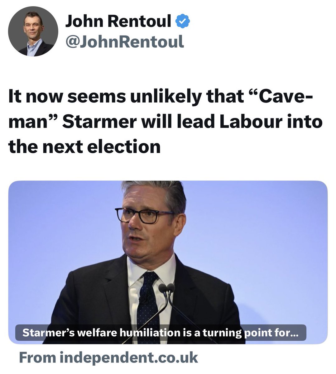 Stephen R Jones (@meliden) on Twitter photo <a href="/JohnRentoul/">John Rentoul</a> <a href="/Independent/">The Independent</a> A few days ago, he was the ‘cave man’ that would not lead Lab into next #GE ! 🤷🏻♂️ <a href="/JohnRentoul/">John Rentoul</a> <a href="/Independent/">The Independent</a> A few days ago, he was the ‘cave man’ that would not lead Lab into next #GE ! 🤷🏻♂️