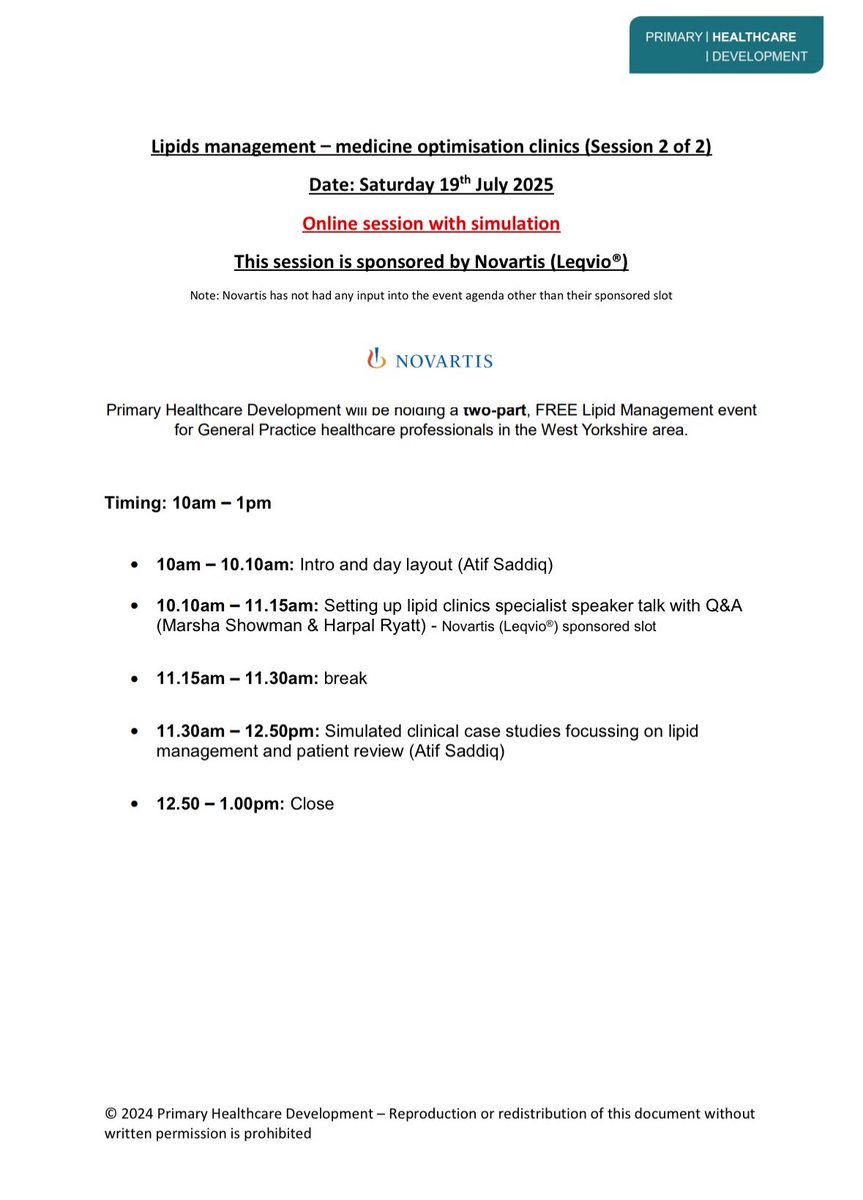 Part 2 of our FREE Online Lipid Management event for GP healthcare professionals in West Yorkshire takes place on the 19th July!

You can still attend this session if you didn’t attend the first part ✅ 

Time: 10am - 1pm

Register via:
 
forms.office.com/e/SJxC2vTjqX