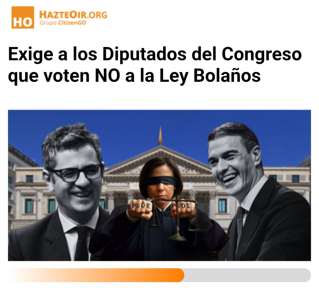 🚨 URGENTE

🇪🇸 ¡PAREMOS LA LEY BOLAÑOS!

⚖️ Esta es la última jugada de Sánchez: controlar la UCO, a los jueces y los casos legales para evitar nuevos escándalos de corrupción que lo hundan. Busca impunidad porque la necesita.

🚫 La Ley Bolaños se vota este julio y hemos
