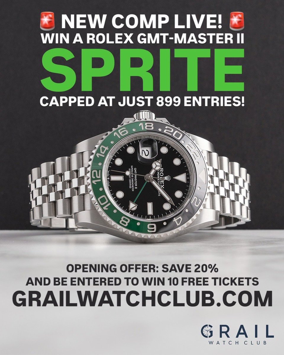 Use code EARLY20 before 8pm tomorrow (Sunday!)

CAPPED AT JUST 899 ENTRIES!

Rolex GMT-Master II “Sprite” (126720VTNR) - Unworn 2025 full set - Current Market Value £14,500

ENTER NOW at grailwatchclub.com 🤞🏼💚🖤