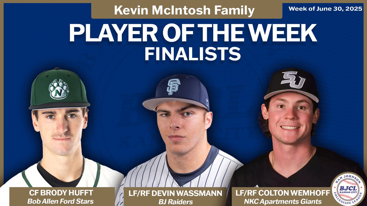 BanJohnsonBSB's tweet photo. Congrats to our Kevin McIntosh Family Player of the Week finalists! Look for our winner on Sunday! #BJCL

Bob Allen Ford Stars CF Brody Hufft (@BrodyHufft / @NWBearcatBSB)

BJ Raiders LF/RF Devin Wassmann (@devin_wassmann / @StateFairBSBL)

NKC Apartments Giants LF/RF Colton Wemhoff (@ColtonWemhoff /  @SJRaven_BB)
