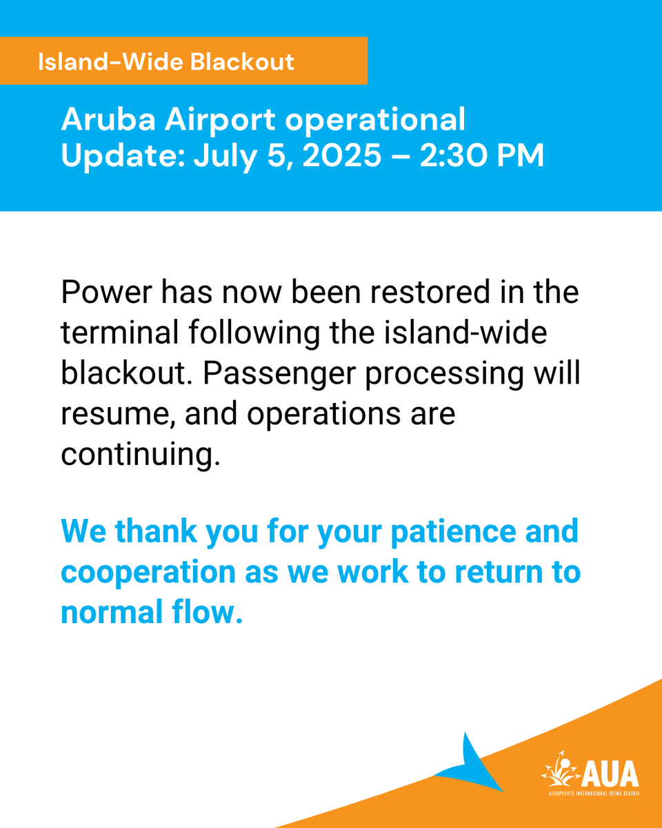 Airport Operations Update – Island-Wide Blackout

Power has been restored at Aruba Airport and passenger processing has resumed. No flights have been diverted.

#AUA #ArubaAirport #Aruba