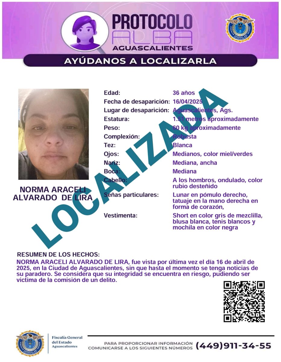 FEMDLPAGS's tweet photo. Se informa a la ciudadanía que NORMA ARACELI ALVARADO DE LIRA ha sido localizada, ¡gracias por su colaboración #Aguascalientes #protocoloAlba #Desaparecidos #Porunafiscaliamasjustayhumana https://t.co/iSvfqDw7j4