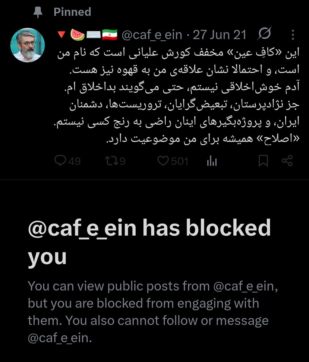 این بشر هم واقعا جالبه! به صورت دوره‌ای بلاک می‌کنه من رو. نه اینکه فکر کنید کوچکترین چیزی هم بش گفتم ها! دفعه قبل که اصلا هنوز فکر می‌کردم آدم معتبریه ناراحت شدم بلاکم کرده. این دفعه ولی به درک!