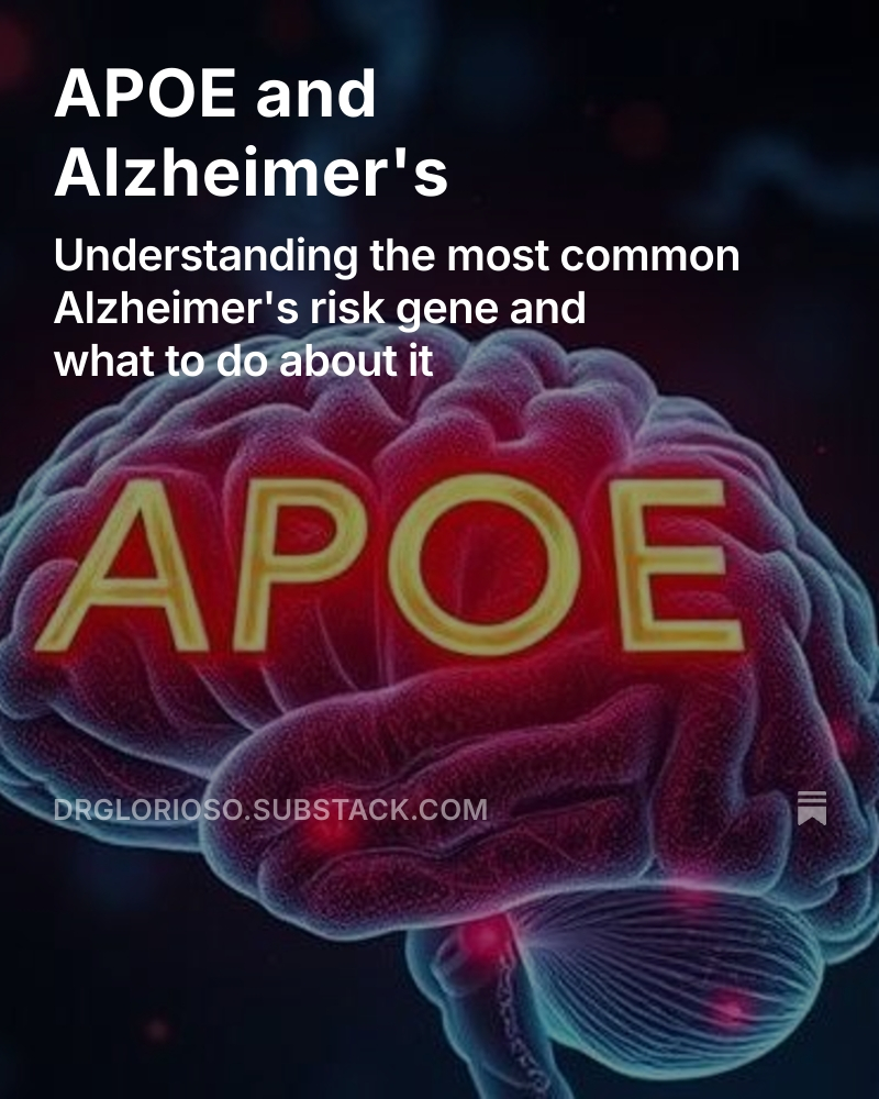 DrGlorioso's tweet image. APOE and Alzheimer's
Understanding the most common Alzheimer's risk gene and what to do about it
I was sitting in NeuroAge’s headquarters when I decided to “rip the bandaid off” and look at my genetic risk for Alzheimer’s Disease. I had been putting it off because I had for most…