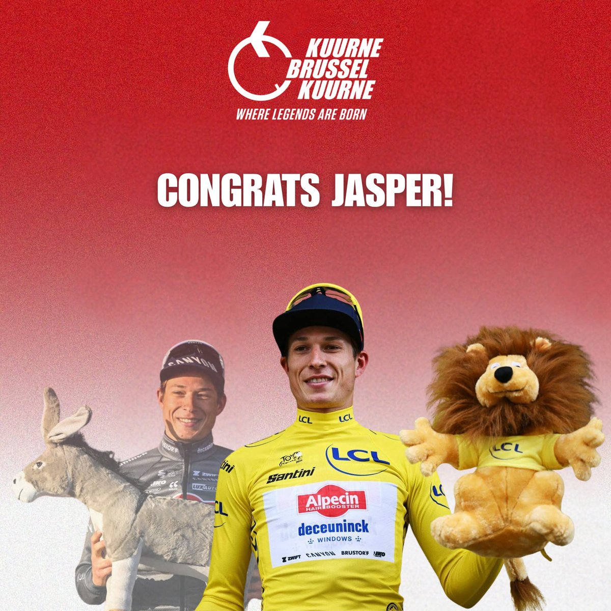 🫏 Van onze ezel naar de gele leeuw  🦁
Proficiat Jasper Philipsen met de ritzege en de gele trui! 💛

#KuurneBrusselKuurne #WhereLegendsAreBorn #TourDeFrance