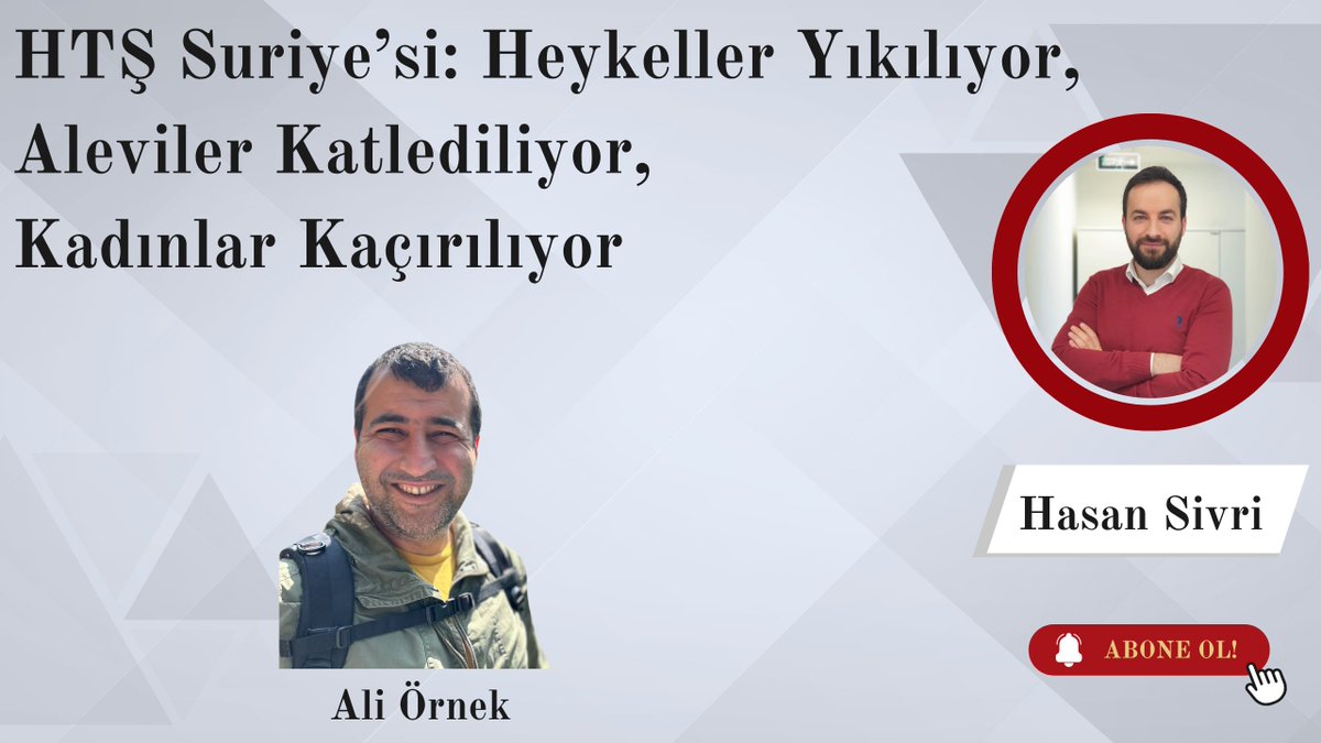 HTŞ Suriye'si: Heykeller yıkılıyor, kadınlar kaçırılıyor, Aleviler sistematik olarak katlediliyor.

Pazar günü (yarın) saat 22:00'de gazeteci Ali Örnek ile medeniyetin yıkımını ve Suriye'nin yok edilişini  konuşuyoruz. Abone olmayı unutmayın! youtube.com/watch?v=KUVNxP…