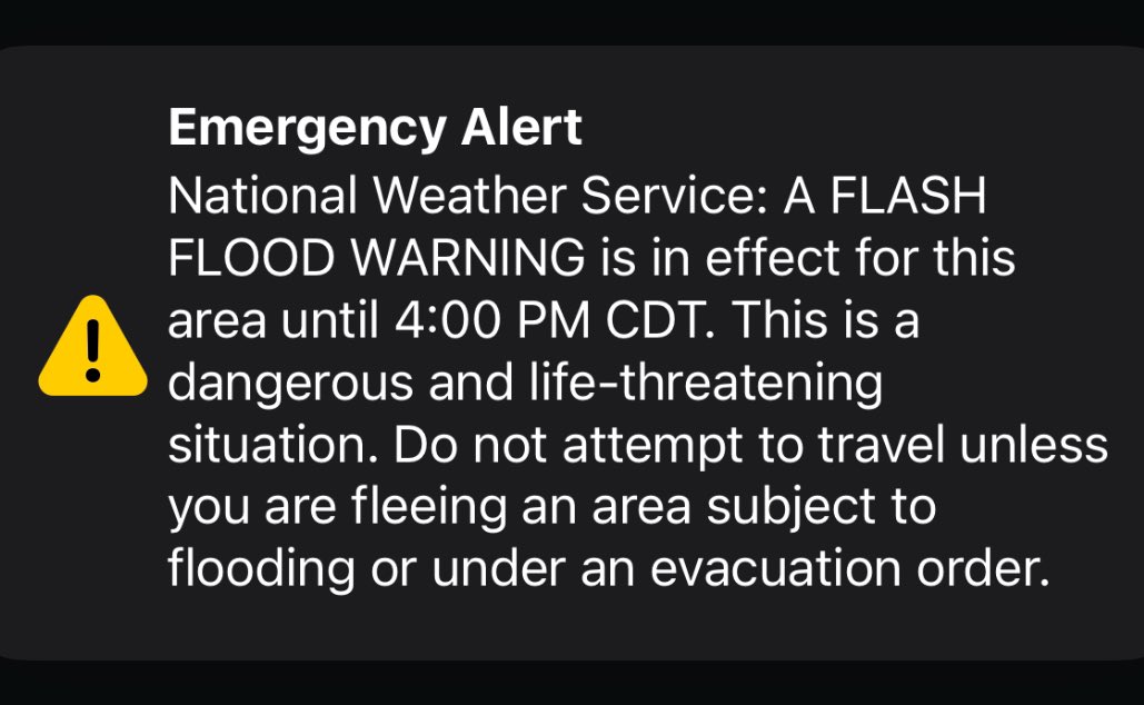 Austin area just got another national weather service flash flood alert warning pushed to phones just now. Stay safe.