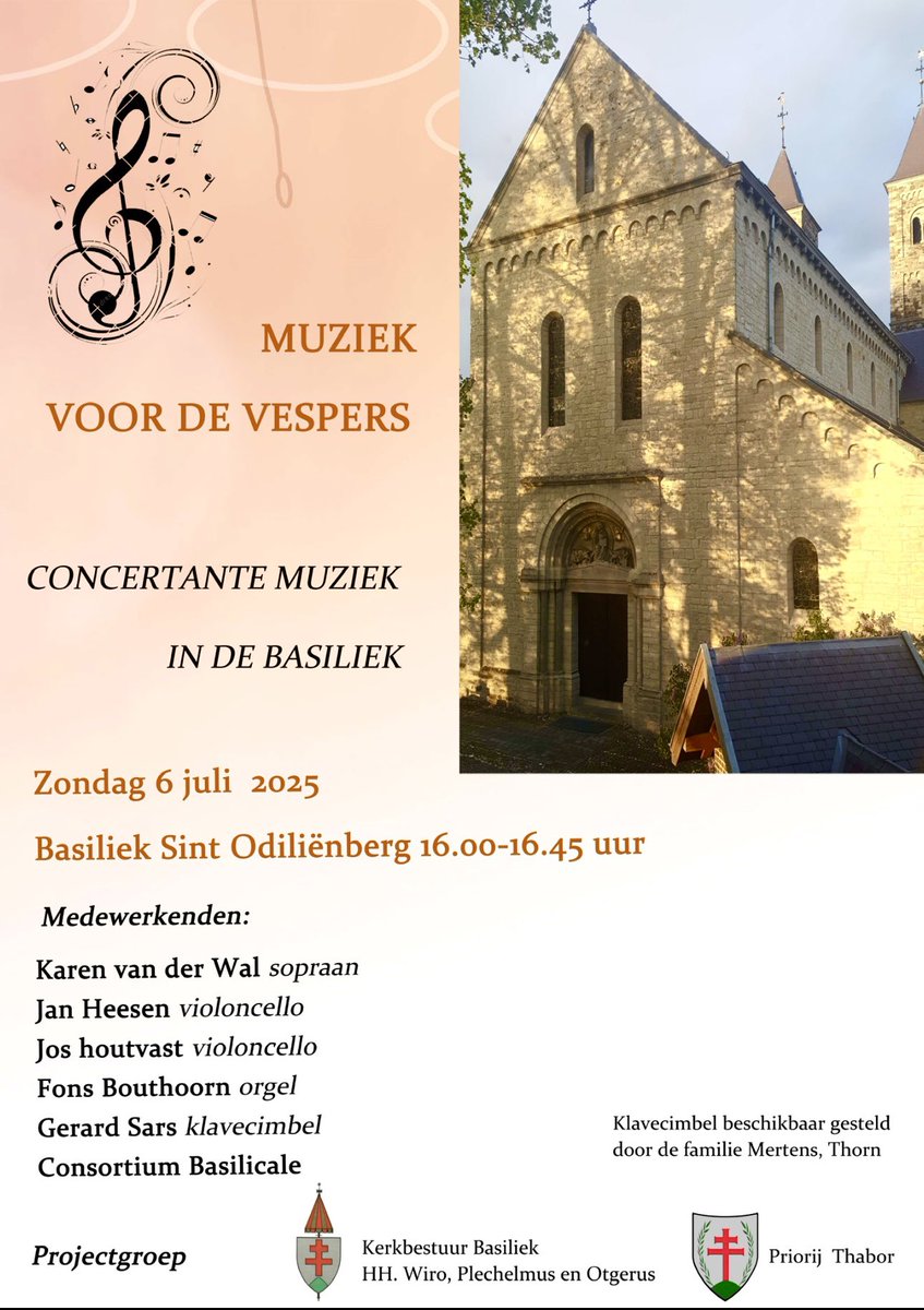 Evelyne Verheggen (@emfverheggen) on Twitter photo Muziek voor de Vespers 🎶
Zondag 6 juli 2025 om 16.00 uur 💫
In de Basiliek van de H.H. Wiro, Plechelmus en Otgerus te Sint Odiliënberg 💒
Georganiseerd door Kerkbestuur van de Basiliek en de zusters Kanunnikessen van het H. Graf 👸
<a href="/PThabor/">Priorij Thabor</a>
👉 roerkerken.nl/2025/06/18/muz… Muziek voor de Vespers 🎶
Zondag 6 juli 2025 om 16.00 uur 💫
In de Basiliek van de H.H. Wiro, Plechelmus en Otgerus te Sint Odiliënberg 💒
Georganiseerd door Kerkbestuur van de Basiliek en de zusters Kanunnikessen van het H. Graf 👸
<a href="/PThabor/">Priorij Thabor</a>
👉 roerkerken.nl/2025/06/18/muz…