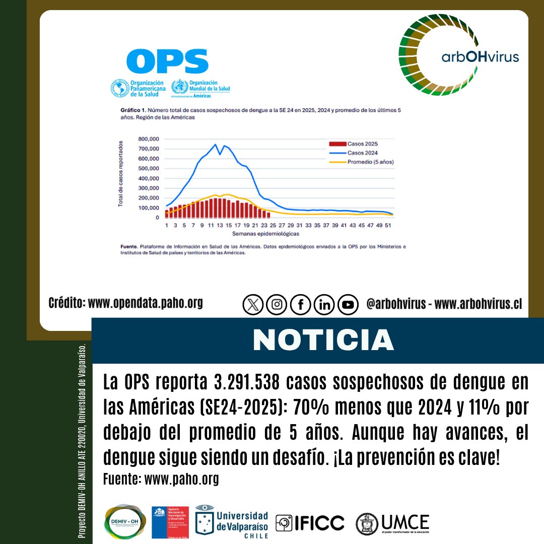 arbohvirus's tweet image. 🦟#AlertaEpidemiológica: El #Dengue sigue siendo un desafío en las #Américas (SE24-2025). Desde #arbOHvirus trabajamos en su #Prevención con enfoque #OneHealth. @opsoms👉 bit.ly/4bo5GNI
@ANID_Chile
@CentrosAnid
@uvalpochile
@umcecl
@InstitutoIficc
@PAHOWHO
@OPSOMSChile