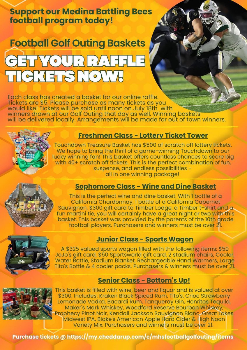 MedinaBoosters (@medinaboosters) on Twitter photo The <a href="/MHSBeesFB/">Medina Football</a> Golf Outing is coming up on 7/18. Raffle tickets are $5 and $20 for 5 tix. Interested in sponsoring a raffle basket? Click here to find out more. <a href="/medinaathletics/">Medina Athletics</a> birdease.com/medinafootball… The <a href="/MHSBeesFB/">Medina Football</a> Golf Outing is coming up on 7/18. Raffle tickets are $5 and $20 for 5 tix. Interested in sponsoring a raffle basket? Click here to find out more. <a href="/medinaathletics/">Medina Athletics</a> birdease.com/medinafootball…