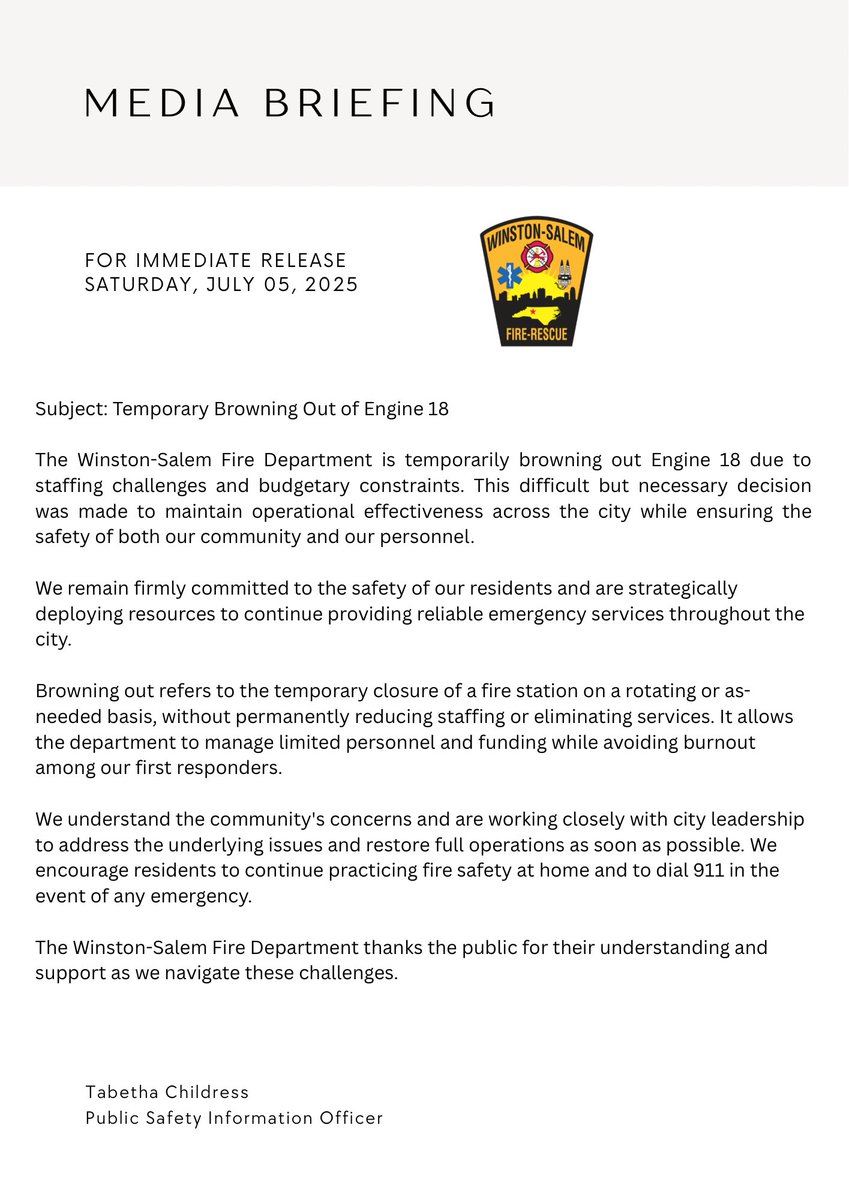 🚨 MEDIA STATEMENT: Due to current staffing/resource constraints, Engine 18 will be temporarily browned out effective Saturday, July 05, 2025. We remain committed to maintaining public safety and service coverage throughout the community. Full statement ⬇️