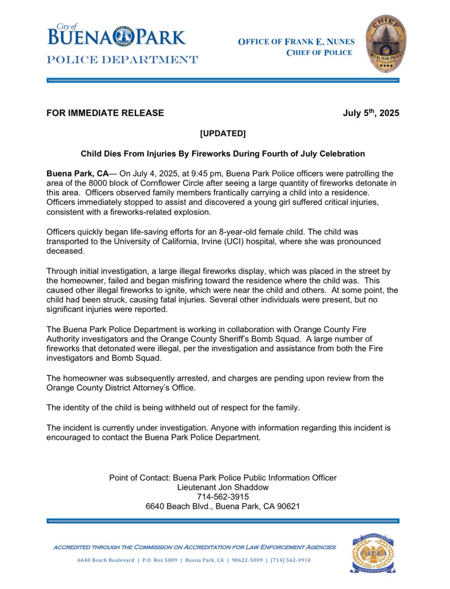 Updated media release reference child killed by fireworks