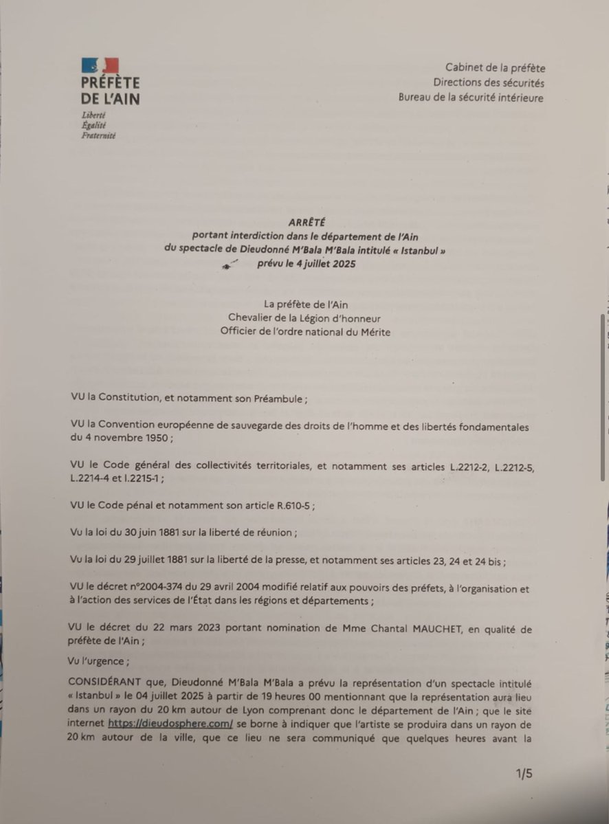 MbalaDieudo's tweet image. Record battu avec 5 arrêtés dans la semaine sur instruction du ministère de l’intérieur!J’ai décidé de les encadrer et de les mettre en vente aux enchères.Chaque acquéreur recevra en plus de l’œuvre unique(signé par le préfet)et moi une quenelle d’or à son nom.dieudosphere.com