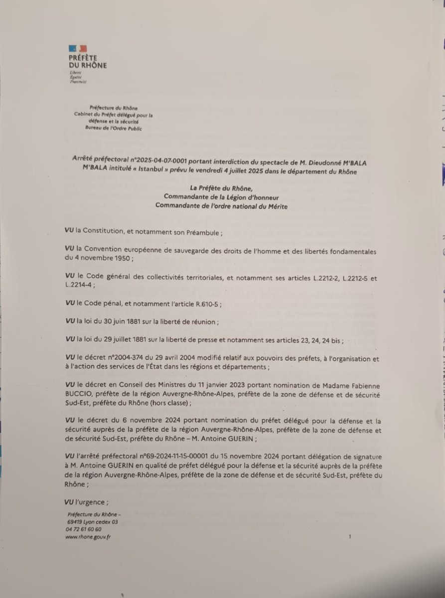 MbalaDieudo's tweet image. Record battu avec 5 arrêtés dans la semaine sur instruction du ministère de l’intérieur!J’ai décidé de les encadrer et de les mettre en vente aux enchères.Chaque acquéreur recevra en plus de l’œuvre unique(signé par le préfet)et moi une quenelle d’or à son nom.dieudosphere.com