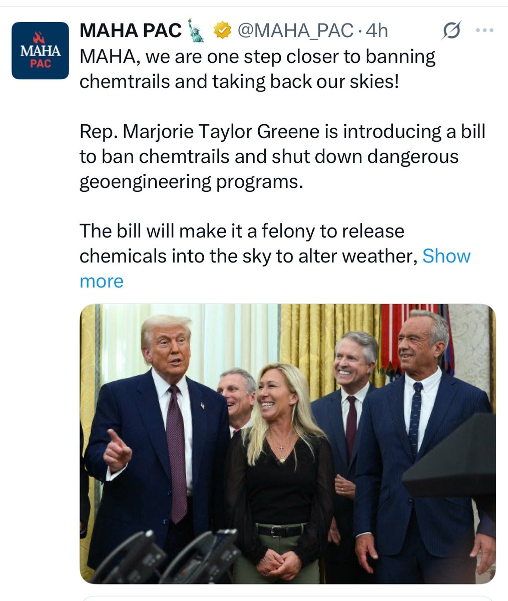 MAHA is it tackling Chemtrails!

Next up..banning the tooth fairy, rooting out leprechauns and ensuring the safety of unicorns 

They are getting important stuff DONE!!!