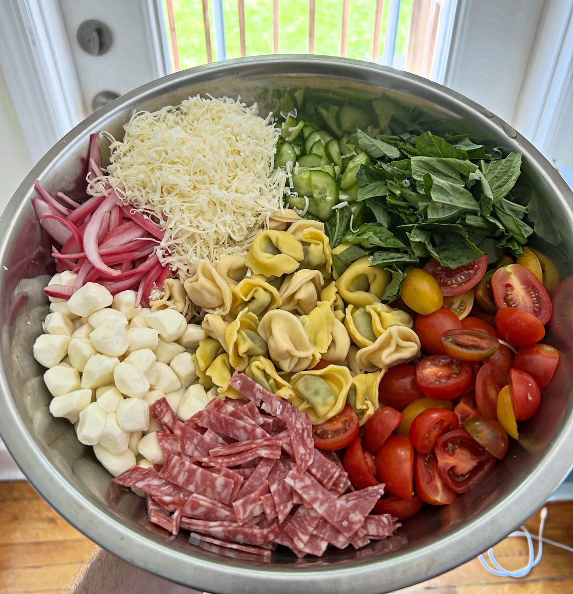 Tortellini salad = best pasta salad. 

2 types of tortellini, spinach and cheese. Cherry tomatoes, pickled onions, salami, parm, cukes, basil, fresh mozz all will be tossed in very punch vinaigrette with lemon/rw vin, garlic, chopped olives, honey and chili.