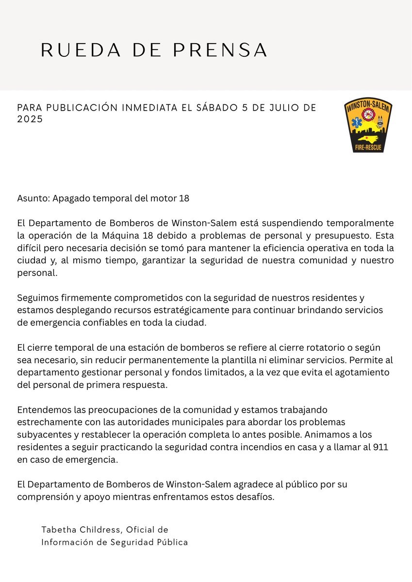 🚨 COMUNICADO DE PRENSA: Debido a limitaciones actuales de personal y recursos, la Unidad 18 quedará temporalmente fuera de servicio a partir del sábado 5 de julio de 2025. Seguimos comprometidos con mantener la seguridad pública y la cobertura de servicios en toda la comunidad.