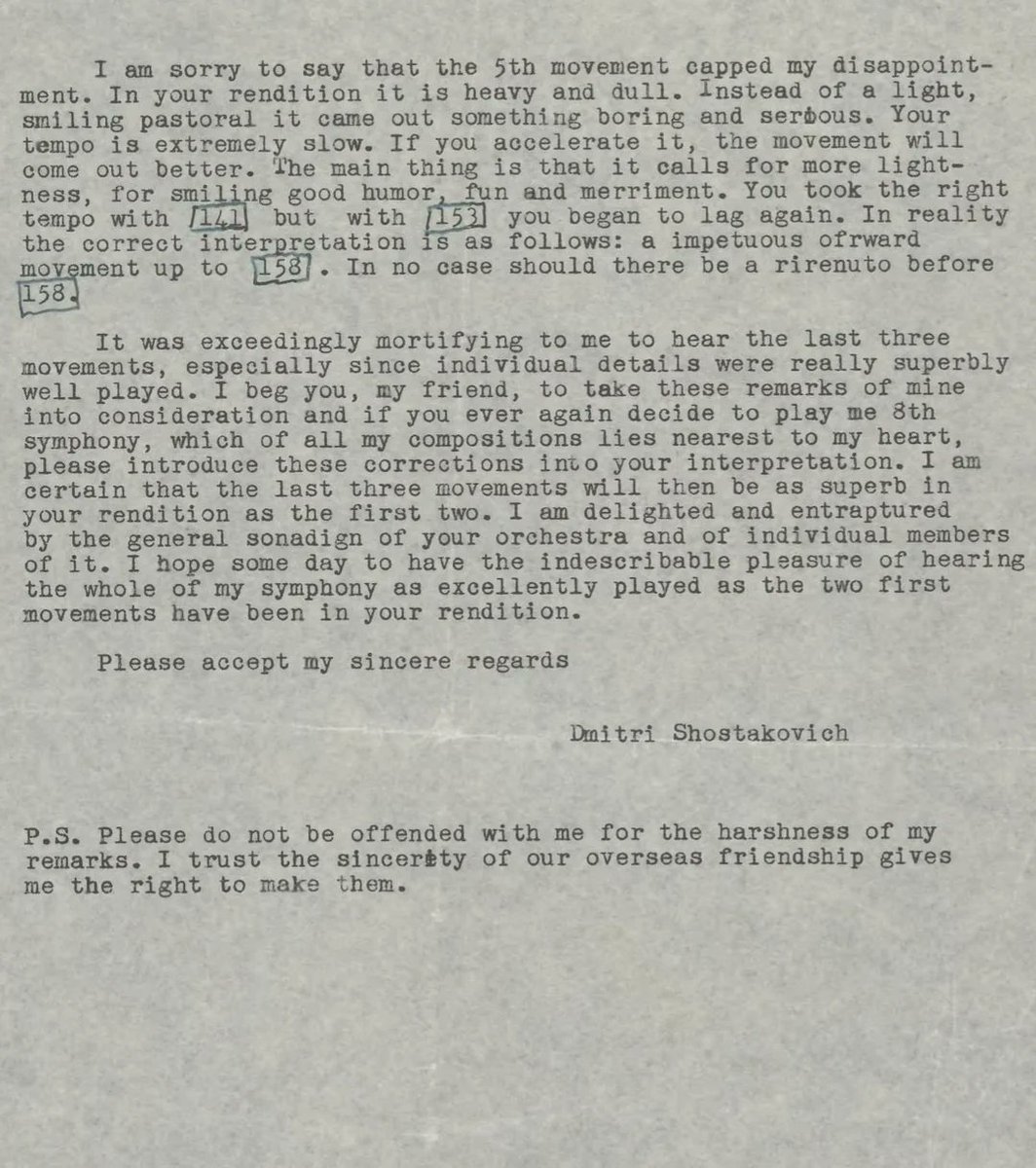 Quand Chostakovitch écrit à Serge Koussevitzky pour lui donner son avis sur son interprétation de sa 8e symphonie. Diplomate, mais minutieux, précis et impitoyable...