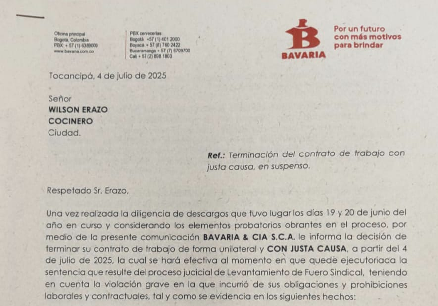 CesarALuqueF's tweet photo. La multinacional cervecera AB InBev (Anheuser-Busch InBev), dueña con la Familia Santodomingo de Bavaria @BAVARIA_OFICIAL en su planta Tocancipá (Cund) despiden al presidente del Comité de Convivencia, Wilson Erazo, directivo sindical que se ha formado, ahora es abogado, y lo despiden por representar como debe ser a sus compañeros. 

Años y años de violación de los derechos de los trabajadores por parte de Bavaria, donde aumentan cada día más la tercerización, y golpean a los sindicatos, para intimidar a los trabajadores para que no se afilien, y no defiendan las buenas condiciones de trabajo que han luchado, y han logrado. 

La apertura de la nueva planta en Palmar de Varela (Atlántico), con producción tecnificada, muestra el camino de lo que hará la multinacional cervecera, salir de los derechos con buenos derechos, como hizo con la inmensa mayoría de los vendedores, hoy en una empresa que creó para eso, Kopps Commercial, una de las empresas que más vende en el país. 

Nunca el @MintrabajoCol ha puesto sus ojos en las conductas de Bavaria, por eso hay absoluta impunidad, ante las querellas y querellas que han radicado en su contra, pero no se investiga, solo se investiga cuando es la empresa la que pide, por ejemplo, el cierre de Impresora del Sur, que entonces actúo, pero cuando los trabajadores y sindicatos denuncian, no pasa nada. 

Toda mi solidaridad para Wilson Erazo, un trabajador que he visto evolucionar como directivo sindical, y ahora que se ha graduado como abogado. El entendió que la educación era el camino y con esfuerzo logró su título, lo que ahora le cobra Bavaria, que quiere es obreros sumisos, que se aguanten todos los atropellos, pero ve con malos ojos, al que estudia, y es capaz de exigir sus derechos y los de sus compañeros.