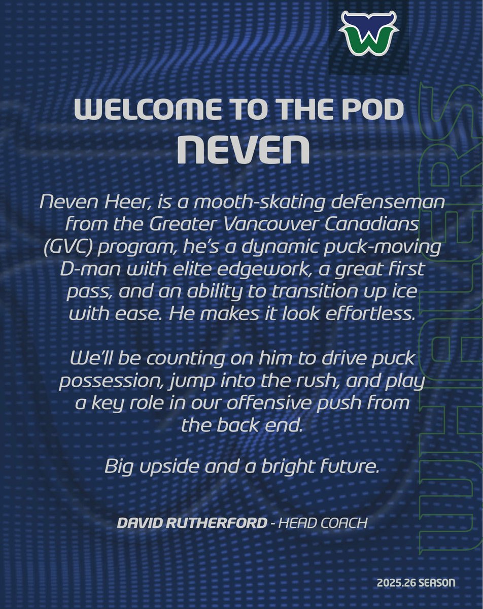 🚨 COMMITMENT ALERT 🚨
Say hello to smooth-skating defenseman Neven Heer, the newest member of the White Rock Whalers!

Coming to us from the <a href="/GVCanadians_aaa/">Greater Vancouver Canadians AAA</a> program, Neven is a dynamic puck-moving D-man with elite edgework and first pass

Welcome to the Pod, Neven! 🐋
<a href="/ThePJHL/">PJHL</a>