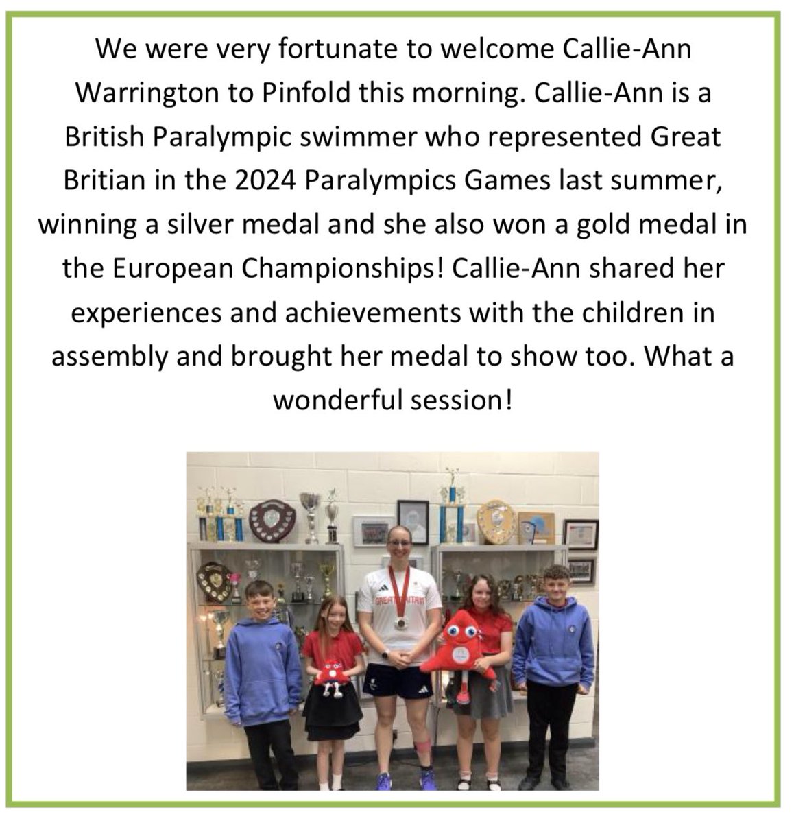 Pinfold Primary (@pinfoldprimary) on Twitter photo #ParaOlympics #ParaOlympian #medalwinner #inspiring #amazing <a href="/tamesidessp/">Tameside SSP</a> <a href="/Swim_England/">Swim England</a> #CallieAnnWarrington #ParaOlympics #ParaOlympian #medalwinner #inspiring #amazing <a href="/tamesidessp/">Tameside SSP</a> <a href="/Swim_England/">Swim England</a> #CallieAnnWarrington