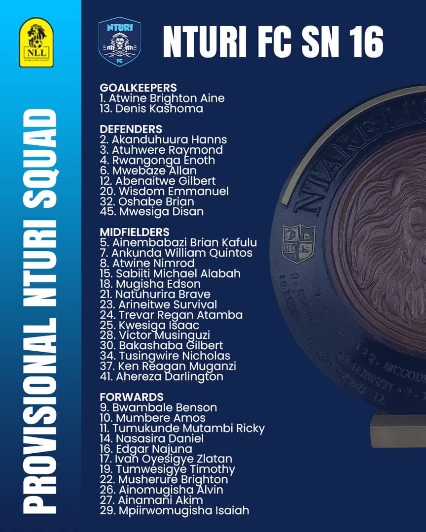ARUHO BRIAN (@mr_aruho) on Twitter photo π
NTURI FC | NTARE LIONS LEAGUE
Today β Saturday, 5 July 2025; We announce our Provisional Squad for SN 16!
#NturiFC | #NLL | #Escapees
Grateful to Ntare School, Nturi FC, and fan base β Bringing the Shield Home.
May God Help Us!
<a href="/UPL/">StarTimes Uganda Premier League</a> | <a href="/premierleague/">Premier League</a> | <a href="/SkySportsPL/">Sky Sports Premier League</a> π
NTURI FC | NTARE LIONS LEAGUE
Today β Saturday, 5 July 2025; We announce our Provisional Squad for SN 16!
#NturiFC | #NLL | #Escapees
Grateful to Ntare School, Nturi FC, and fan base β Bringing the Shield Home.
May God Help Us!
<a href="/UPL/">StarTimes Uganda Premier League</a> | <a href="/premierleague/">Premier League</a> | <a href="/SkySportsPL/">Sky Sports Premier League</a>