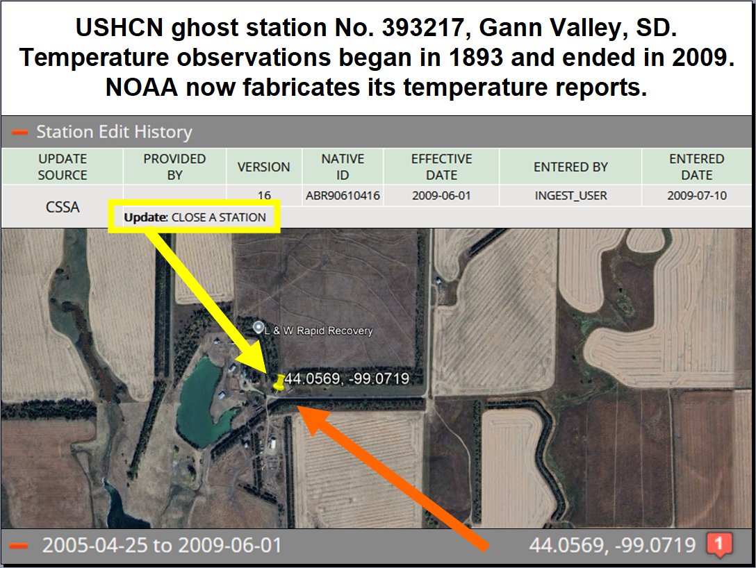 Gann Valley, SD also has its own Ghost Station: USHCN No. 393217.  Another excellent rural reporting station has closed and no longer reports observed weather data.  NOAA now fabricates its temperature data.  #NOAAghoststation