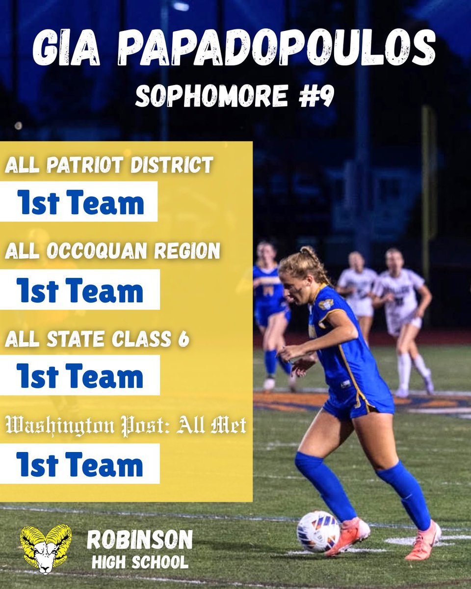 Giovanna (Gia) Papadopoulos 2027 (@giapapa2027) on Twitter photo Grateful for the honors. Thank you <a href="/RobinsonRams/">Robinson Rams</a> Girls Varsity Soccer for a great season! #classof2027
<a href="/VHSL_/">VHSL Athletics</a> <a href="/ImYouthSoccer/">ECNL/GA/Recruiting/College Soccer</a> <a href="/TopDrawerSoccer/">TopDrawerSoccer</a> <a href="/PrepSoccer/">Prep Soccer ⚽️</a> Grateful for the honors. Thank you <a href="/RobinsonRams/">Robinson Rams</a> Girls Varsity Soccer for a great season! #classof2027
<a href="/VHSL_/">VHSL Athletics</a> <a href="/ImYouthSoccer/">ECNL/GA/Recruiting/College Soccer</a> <a href="/TopDrawerSoccer/">TopDrawerSoccer</a> <a href="/PrepSoccer/">Prep Soccer ⚽️</a>