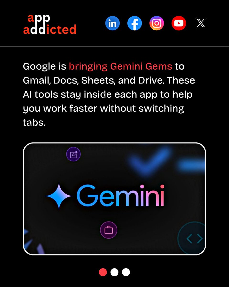 appaddicted_co's tweet photo. Gemini Gems are now coming to Google Workspace. These smart tools help you work faster right inside Gmail, Docs, and more.
If you don’t have it yet, don’t worry—it’s rolling out soon to premium users.

#GoogleGemini #GeminiGems #GoogleWorkspace #SmartTool https://t.co/TO7owrcFE3