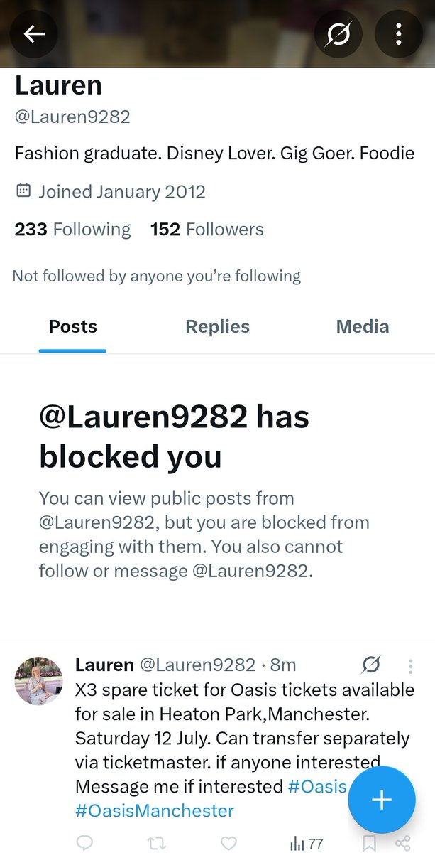 MaxW987's tweet photo. It would appear @lauren9282 got annoyed with me replying to every post suggesting she had tickets for sale 😂 https://t.co/DHfsaMagrz