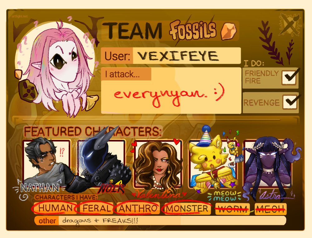 vexifeye's tweet photo. HI GUYS!!! joining artfight this year and very excited for it! If you attack me, very likely I will ATTACK YOU BACK RAHH!!!

#artfight2025 #artfight #TEAMFOSSILS https://t.co/rGqktYno9x