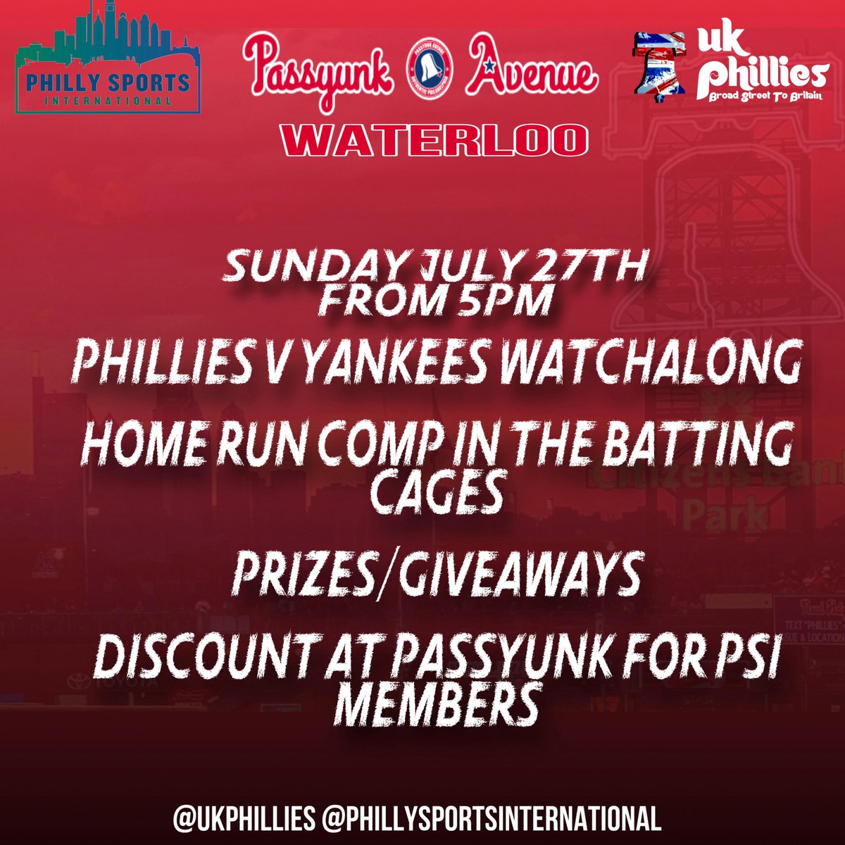 Philly Sports International (@phillysportsint) on Twitter photo <a href="/UKPhillies/">UK Phillies</a> in London!
ποΈ The First EVER PSI UK Phillies Passyunk Watch Party is happening on July 27th! Don't miss the Phillies vs. Yankees showdown!
Member exclusive competitions including a batting cage competition for a Phillies Jersey.
Join us at @PassyunkAvenue <a href="/UKPhillies/">UK Phillies</a> in London!
ποΈ The First EVER PSI UK Phillies Passyunk Watch Party is happening on July 27th! Don't miss the Phillies vs. Yankees showdown!
Member exclusive competitions including a batting cage competition for a Phillies Jersey.
Join us at @PassyunkAvenue