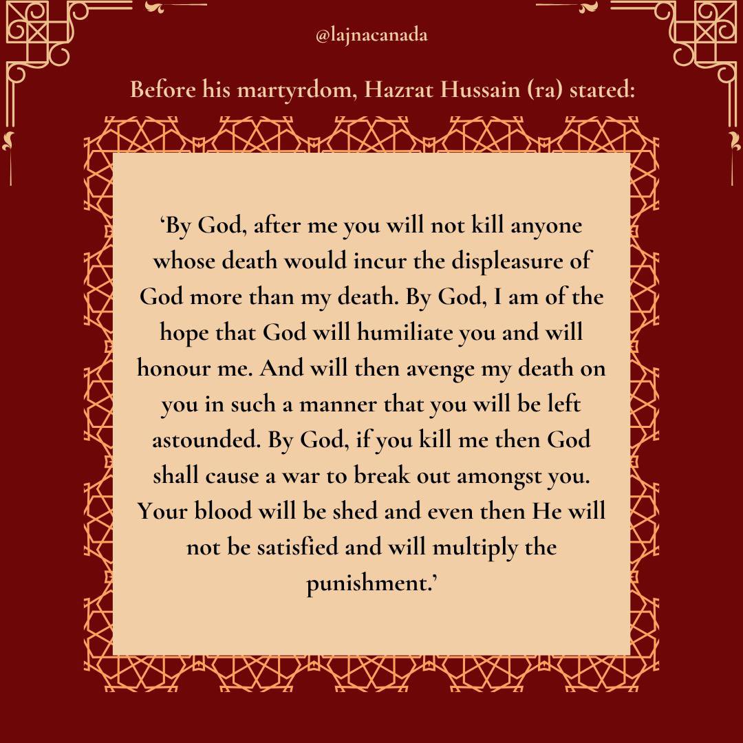 LajnaCanada's tweet photo. This Muharram, let’s honour Imam Hussain (ra) by striving to adopt his virtues and invoking Durood on the Holy Prophet (sa).

💬 “To love the prophets and the righteous is mere wishful thinking until one adopts their attributes.” — Hazrat Mirza Ghulam Ahmad (as) https://t.co/bffwCiM202
