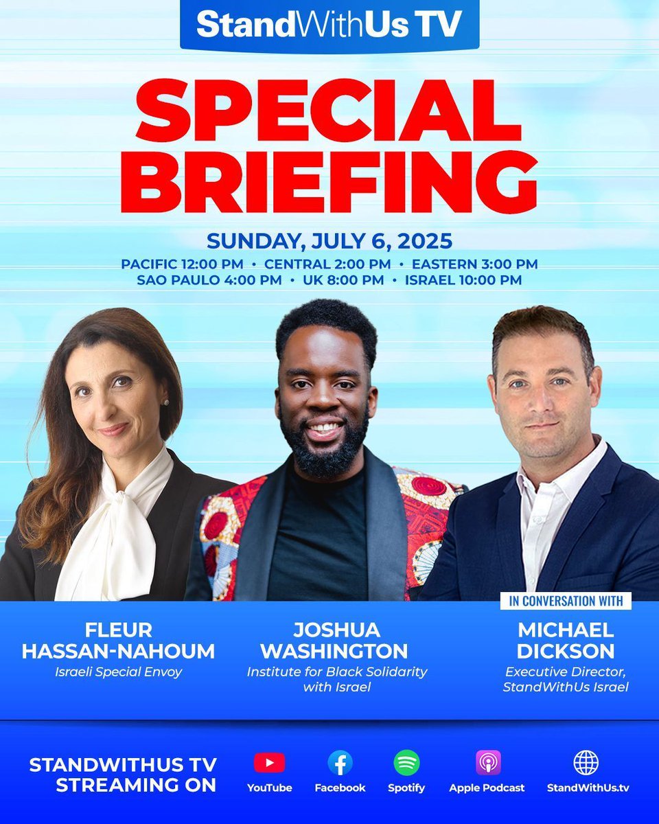 🔴🎥 SUNDAY: Join StandWithUs TV for "Special Briefing" featuring Fleur Hassan-Nahoum, Israel’s Special Envoy, as she discusses Israel’s pivotal role in the greater Middle East. We’ll also speak with Joshua Washington from the Institute for Black Solidarity with Israel about